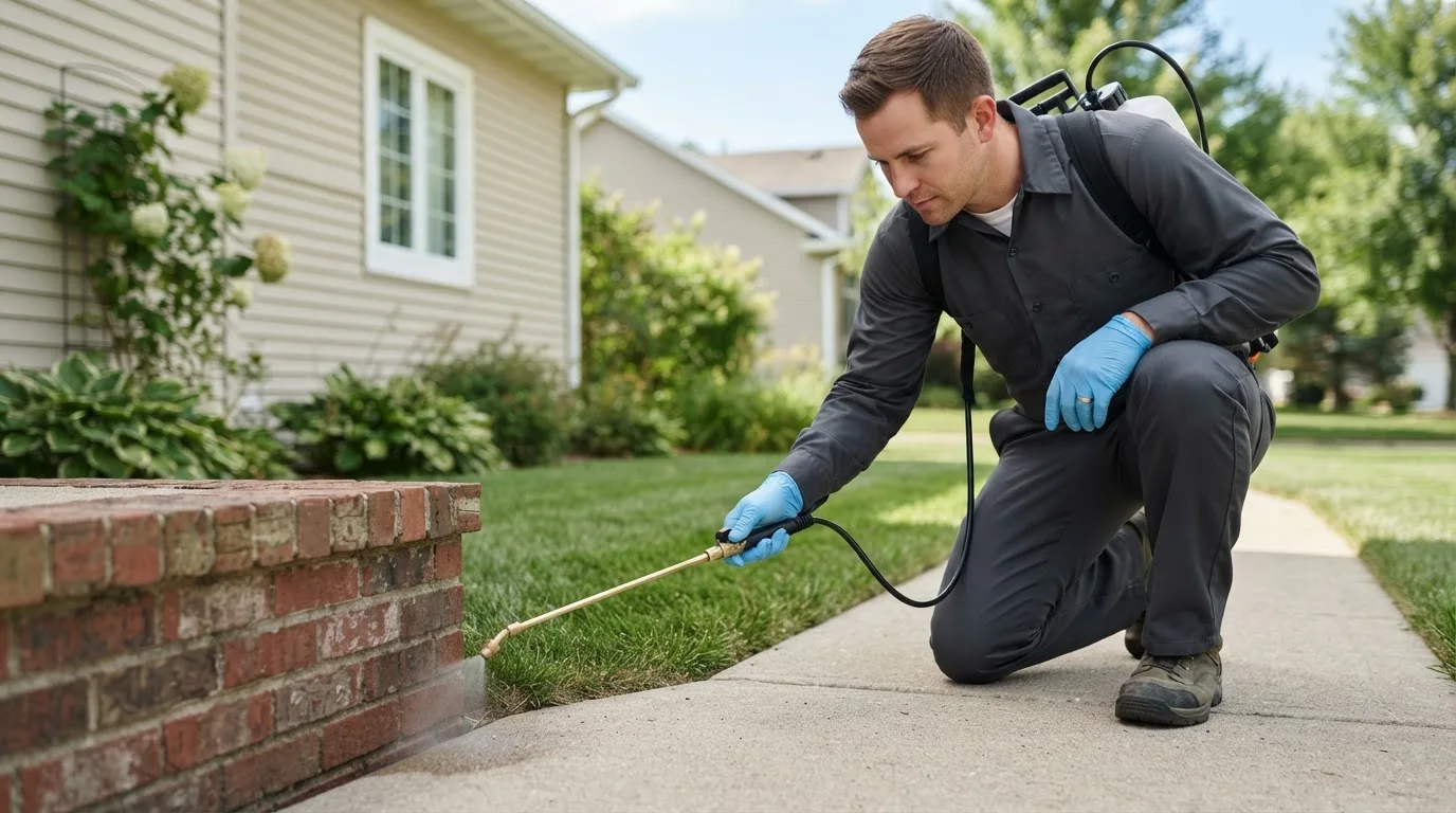 Pest control technician treating a home near Jefferson, OR